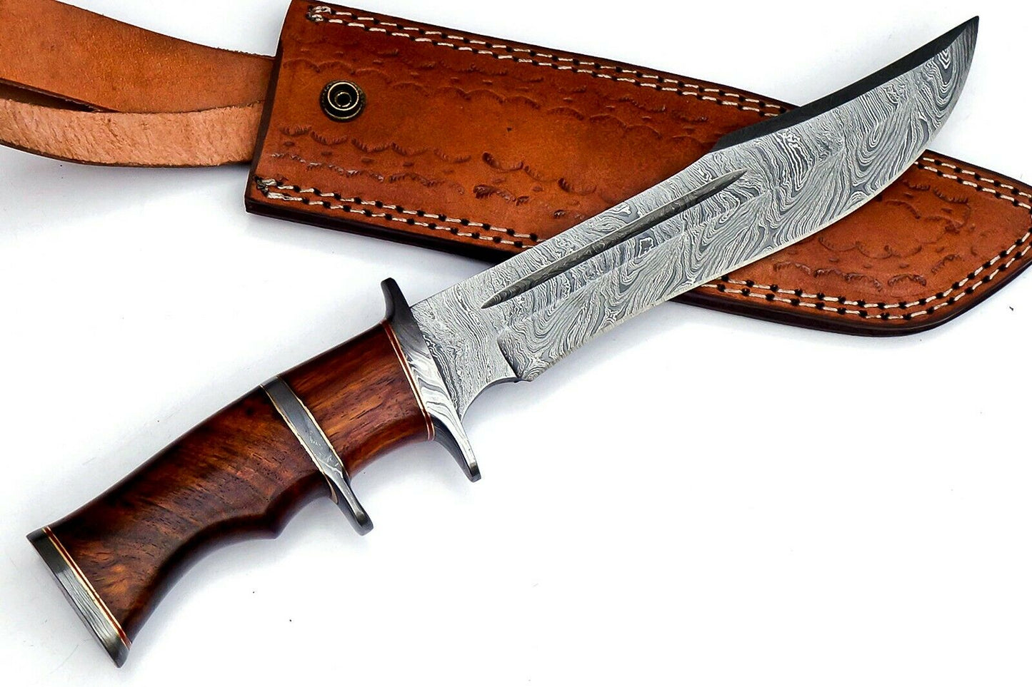 Damascus Fixed Blade Hunting Knife Over 200 Layers With Leather Sheath, Rosewood