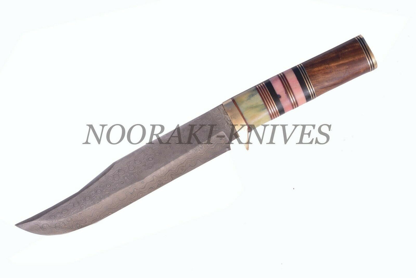 Damascus Twist Bowie Knife Bone + Wood Handle Fiber and Brass Spacer W/Sheath