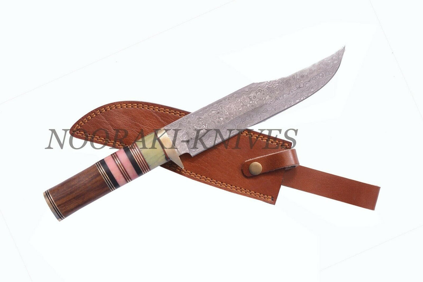 Damascus Twist Bowie Knife Bone + Wood Handle Fiber and Brass Spacer W/Sheath