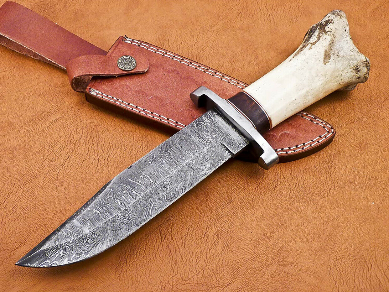 Handmade Damascus Bowie Exotic Camel Bone With Brass & Micarta Spicer Handle