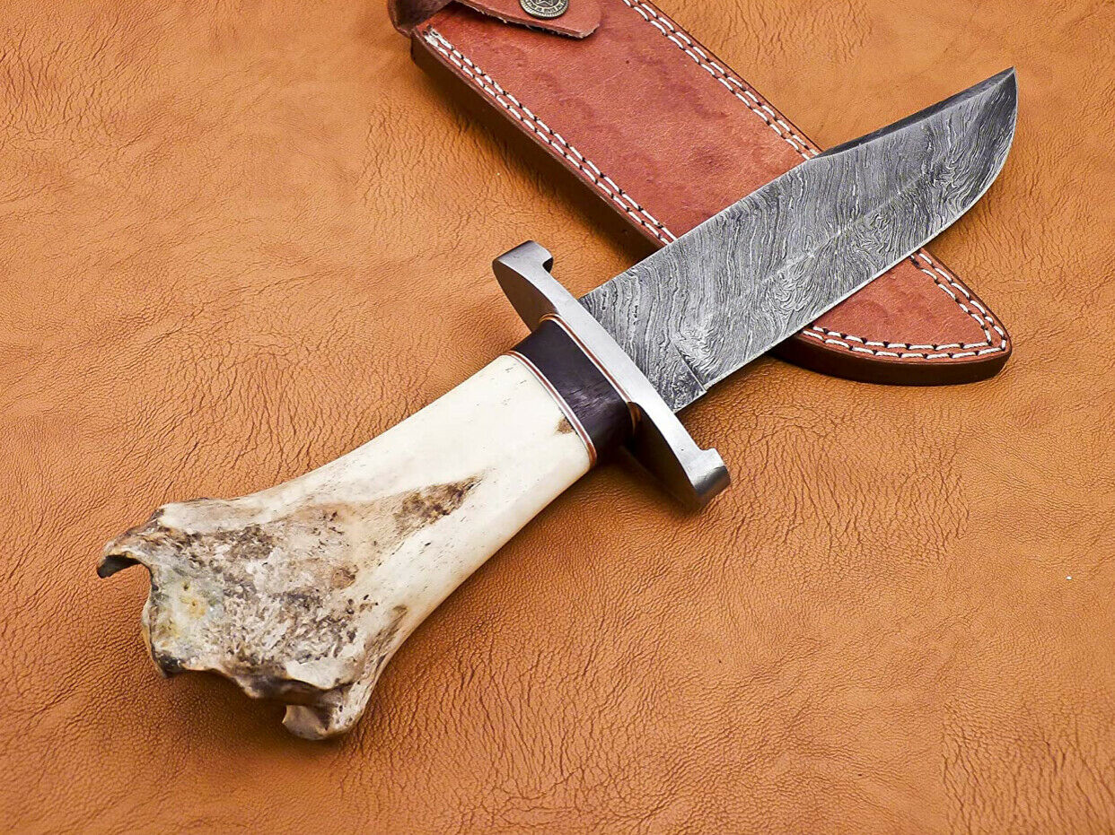 Handmade Damascus Bowie Exotic Camel Bone With Brass & Micarta Spicer Handle