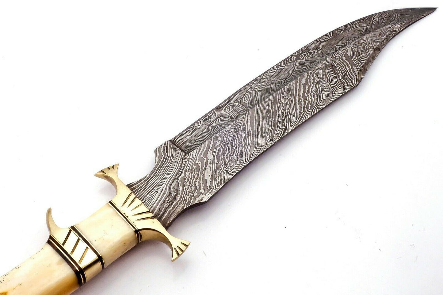 Handmade Damascus Bowie Knife Sharp Blade Camel Bone Handle With Leather Sheath