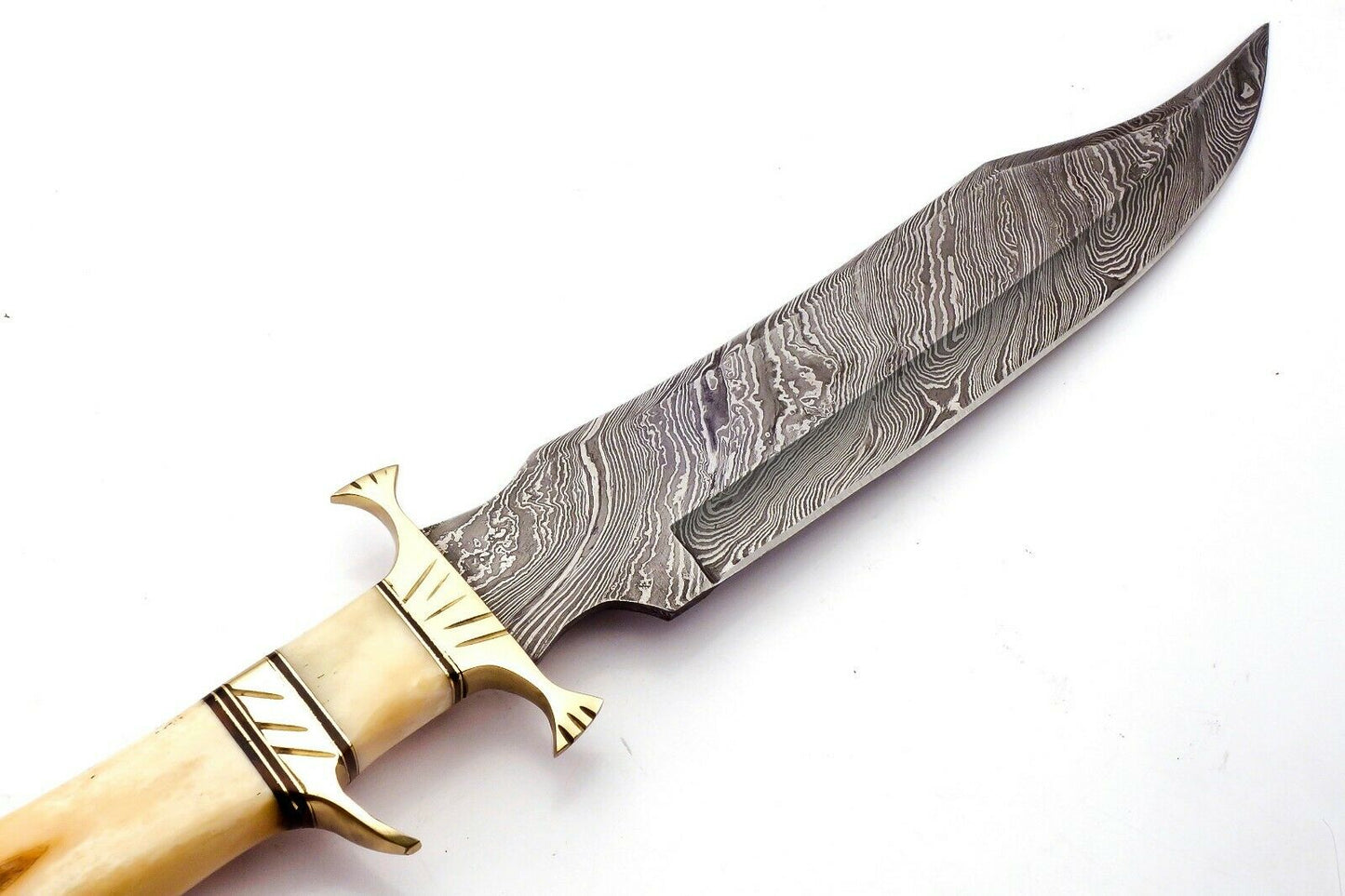 Handmade Damascus Bowie Knife Sharp Blade Camel Bone Handle With Leather Sheath