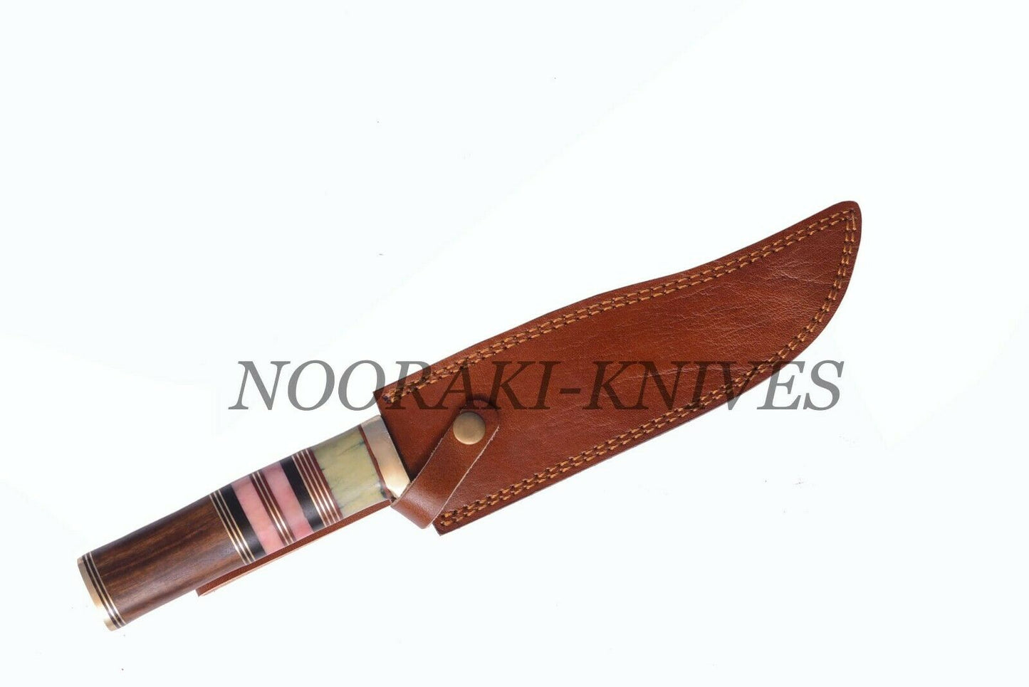 Damascus Twist Bowie Knife Bone + Wood Handle Fiber and Brass Spacer W/Sheath