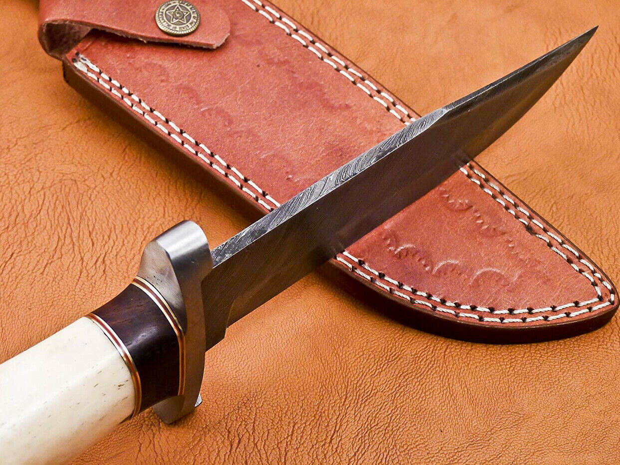 Handmade Damascus Bowie Exotic Camel Bone With Brass & Micarta Spicer Handle