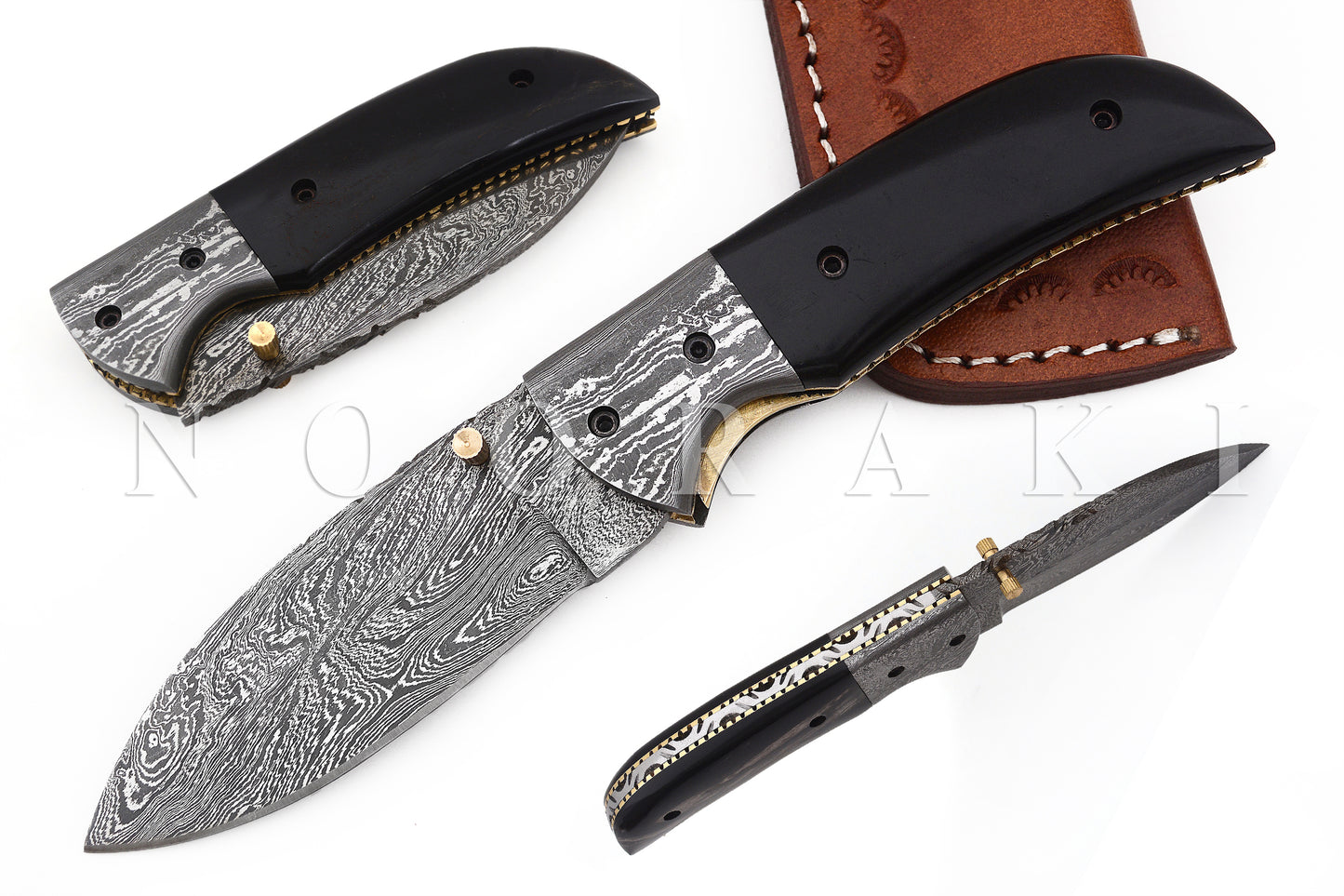 Handmade Damascus Steel Folding pocket Camp Knife Buffalo Horn Handle W/ Sheath