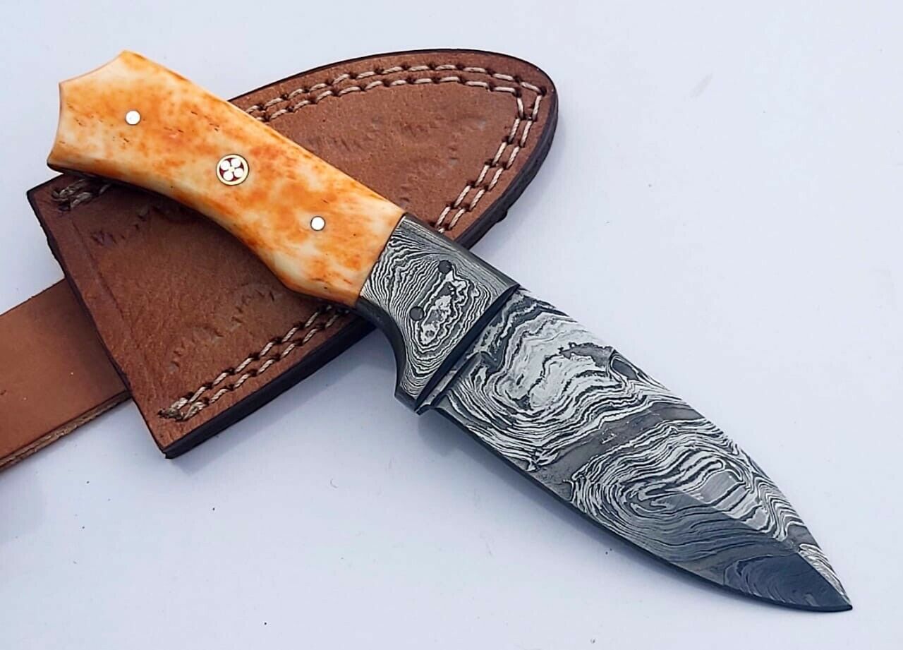 Custom Handmade Damascus Steel Knife Coloured Bone Handle Full Tang with sheath