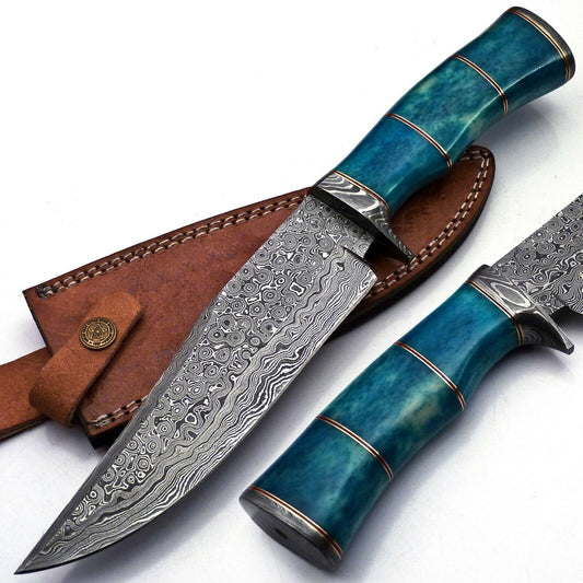 Handmade Damascus Bowie Knife 12.5 Inches 167 Layers Hammer Finished Bone Handle
