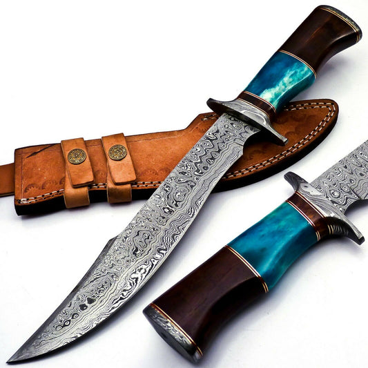 Handmade Damascus Steel 15 Inches Bowie Knife - Solid Marindi Wood Bone Handle