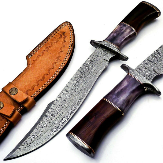 Handmade Damascus Steel 15 Inches Bowie Knife - Solid Marindi Wood/Bone Handle