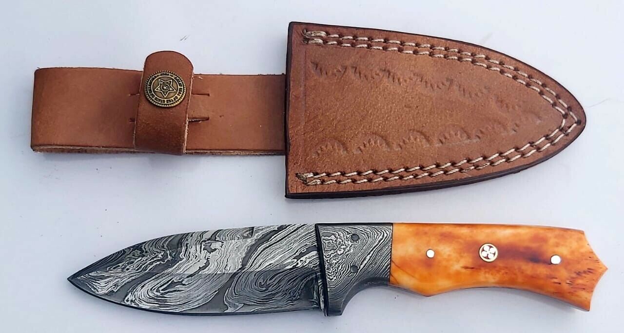 Custom Handmade Damascus Steel Knife Coloured Bone Handle Full Tang with sheath