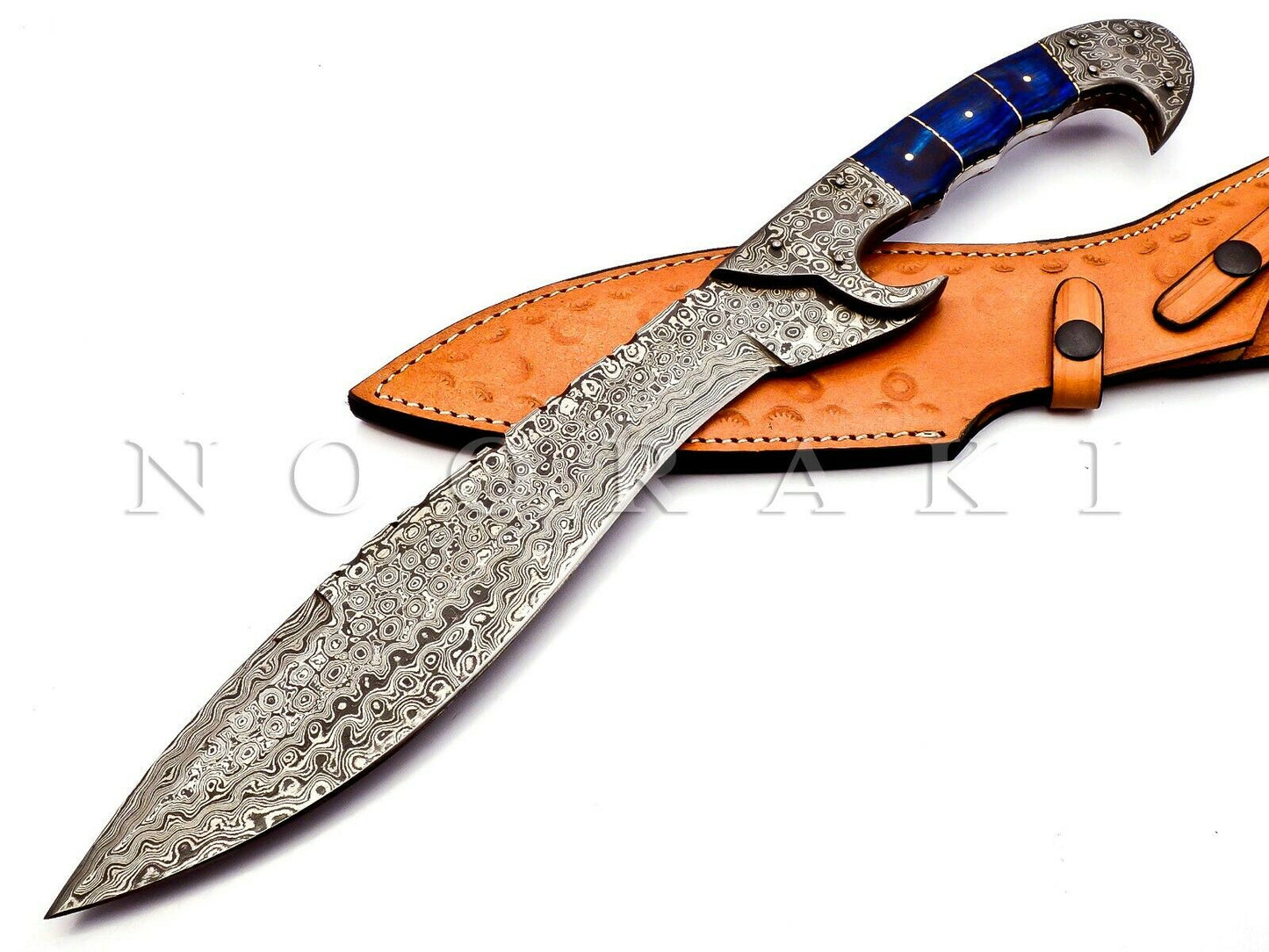 Damascus Machete/Kukri Knife Full Tang Handle, 18 inch With Leather Sheath