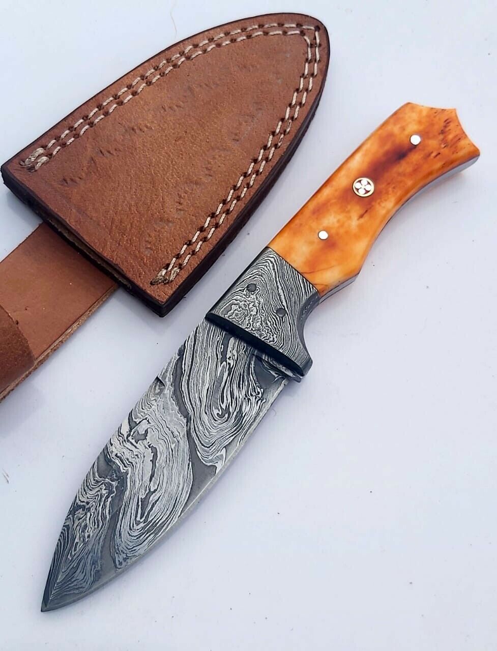 Custom Handmade Damascus Steel Knife Coloured Bone Handle Full Tang with sheath