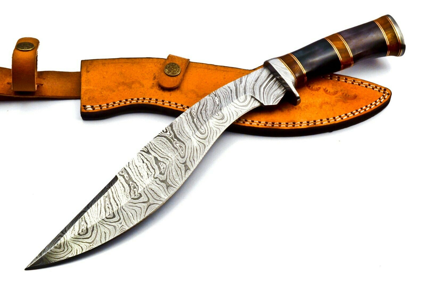 Handmade Damascus Heavy Duty KUKRI Knife Sharp Blade, With Leather Sheath 38cm