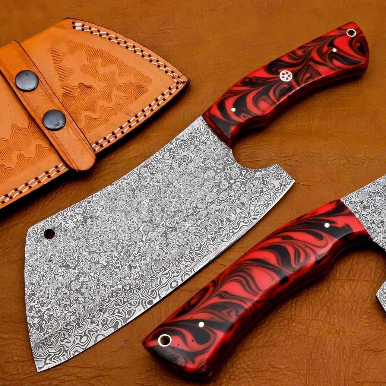 Hand Forged Damascus Steel Chef Cleaver/Chopper 256 Layers With Leather Sheath