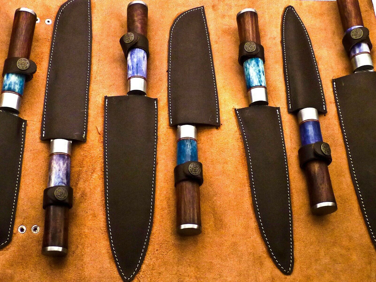 Damascus Steel Kitchen Knife 7pc Set With leather BAG, Razor sharp, DKS7H