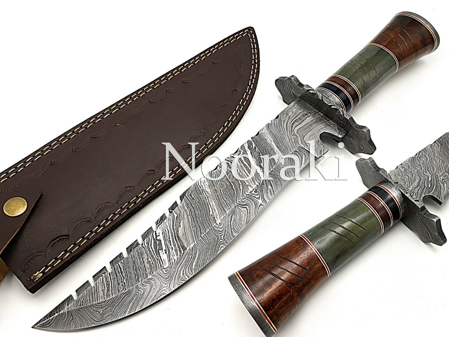 Handmade Damascus Steel 15.5 Inches Bowie Knife - Rose Wood & Bull Horn Handle