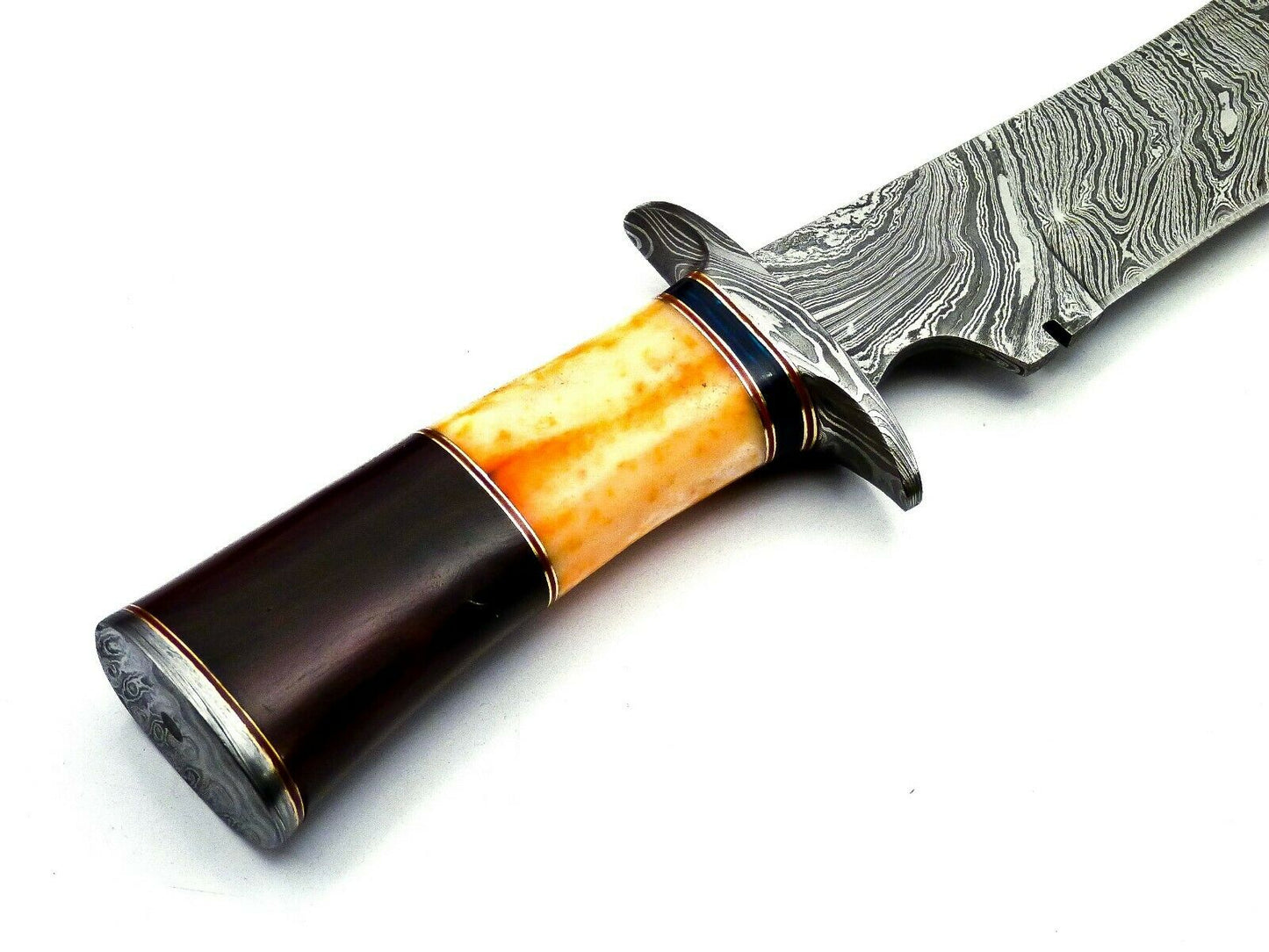 Handmade Damascus Bowie Knife - Wood & Bull Horn Handle, 38cm, 256 Layers - With Leather Sheath for Hunting, Camping, Collection, and Gifts