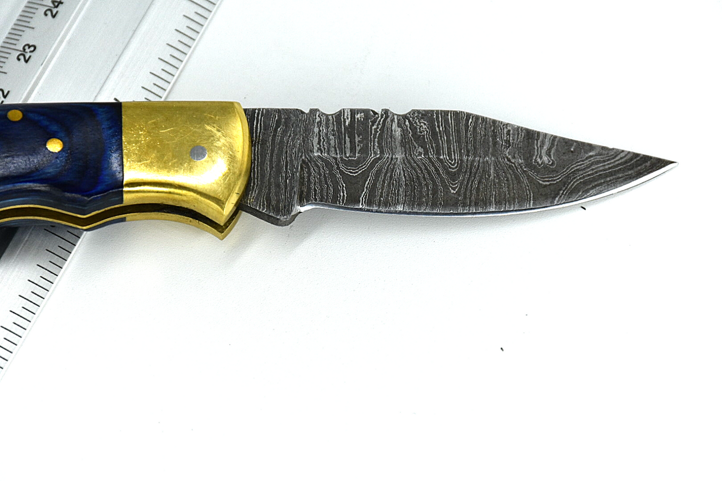 Custom Handmade Damascus Steel Folding Knife - Coloured Wood Handle with Sheath