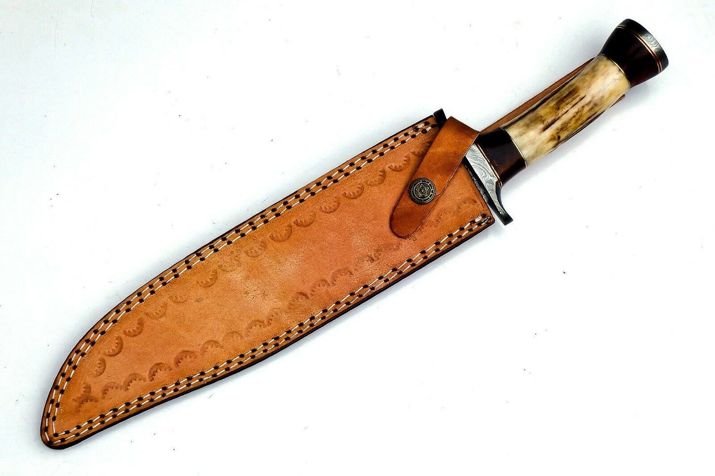 Handmade Damascus Steel 15 Inches Bowie Knife – Elk Deer Horn Handle,With Sheath