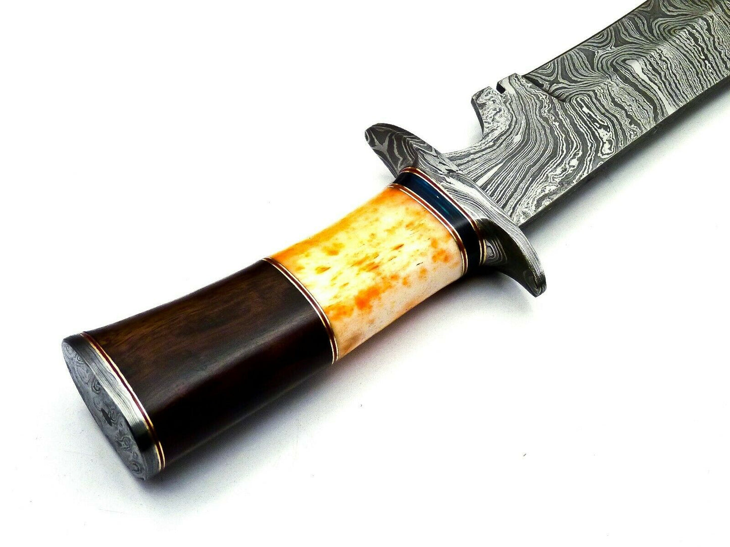 Handmade Damascus Bowie Knife - Wood & Bull Horn Handle, 38cm, 256 Layers - With Leather Sheath for Hunting, Camping, Collection, and Gifts