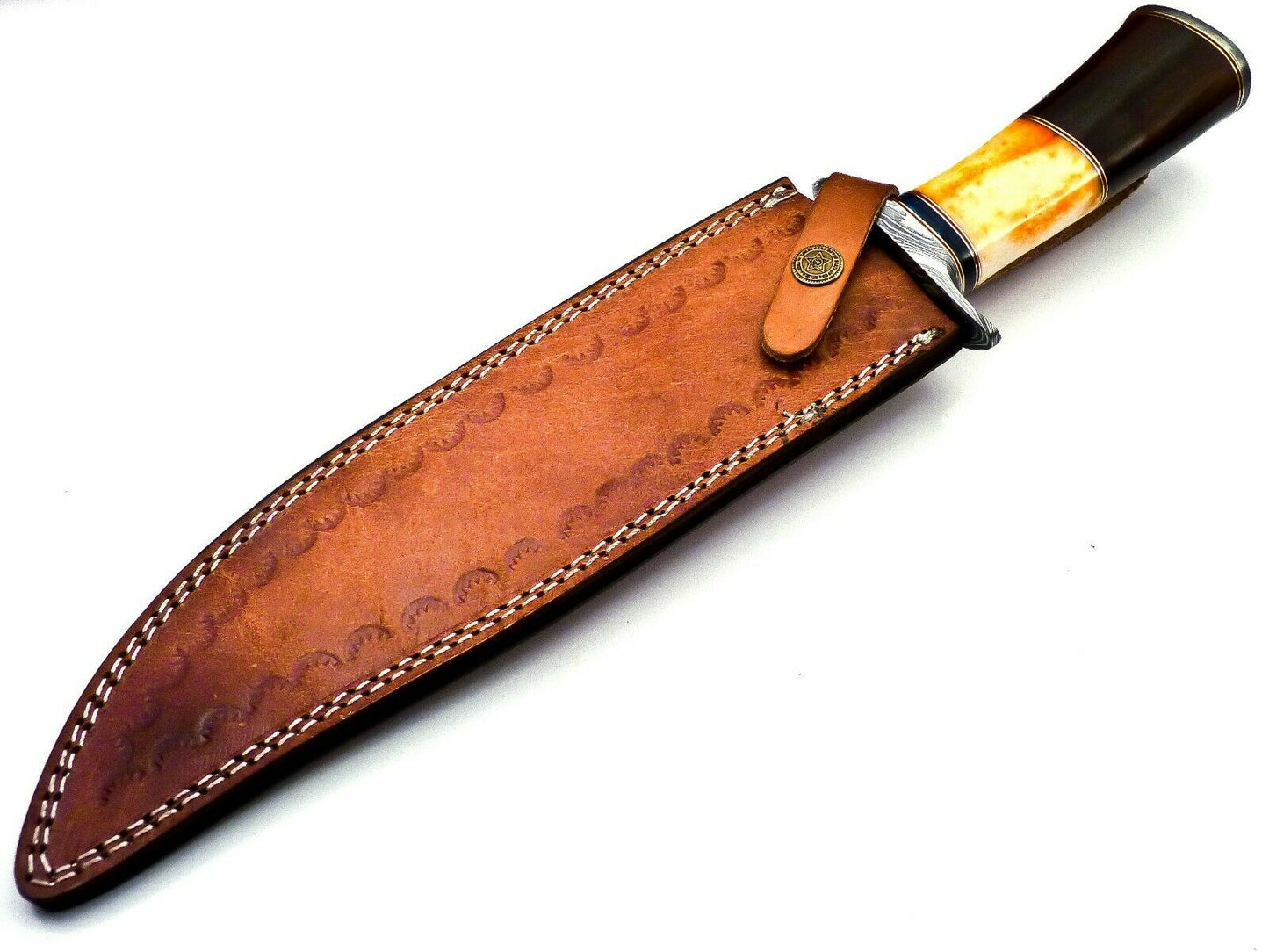 Handmade Damascus Bowie Knife - Wood & Bull Horn Handle, 38cm, 256 Layers - With Leather Sheath for Hunting, Camping, Collection, and Gifts