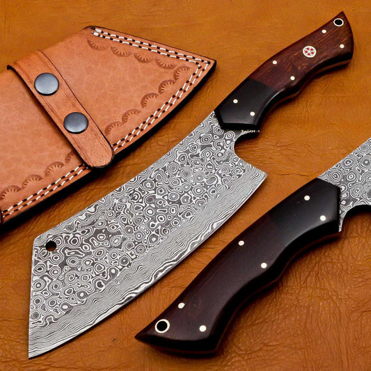 Handmade Damascus chef cleaver 256 layers With Leather Sheath Full Tang, Ck106