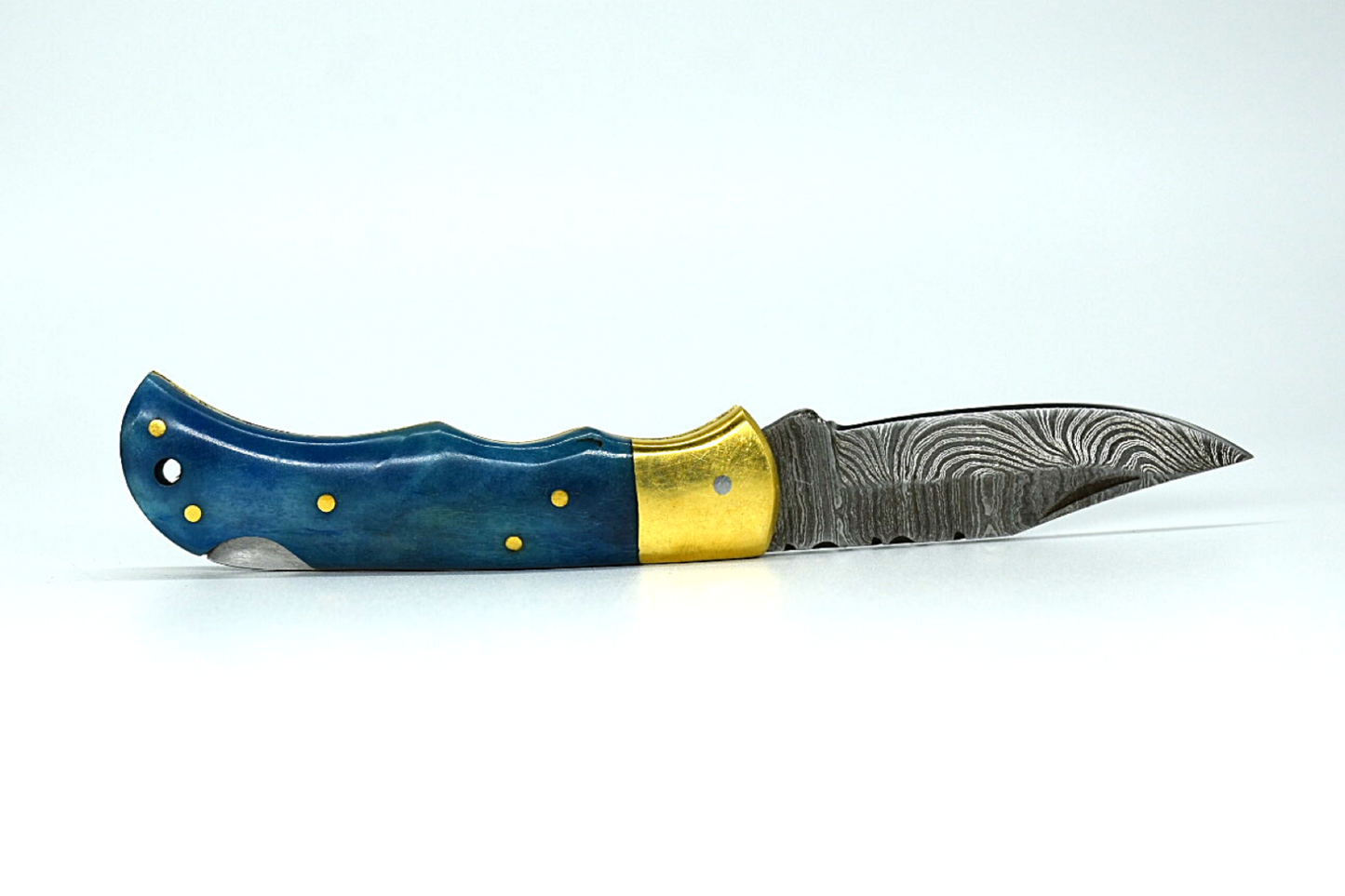 Custom Handmade Damascus Steel Folding Knife - Coloured Wood Handle with Sheath