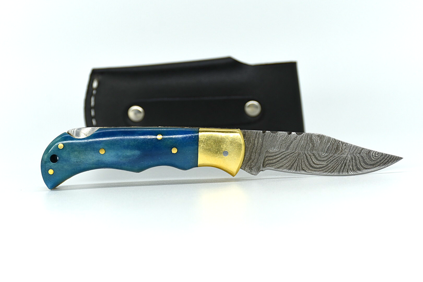 Custom Handmade Damascus Steel Folding Knife - Coloured Wood Handle with Sheath