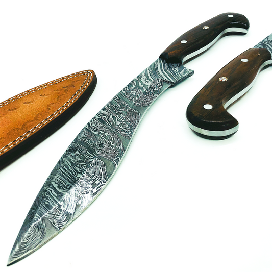 Handmade Damascus Heavy Duty KUKRI Knife Full Tang, With Leather Sheath 33cm