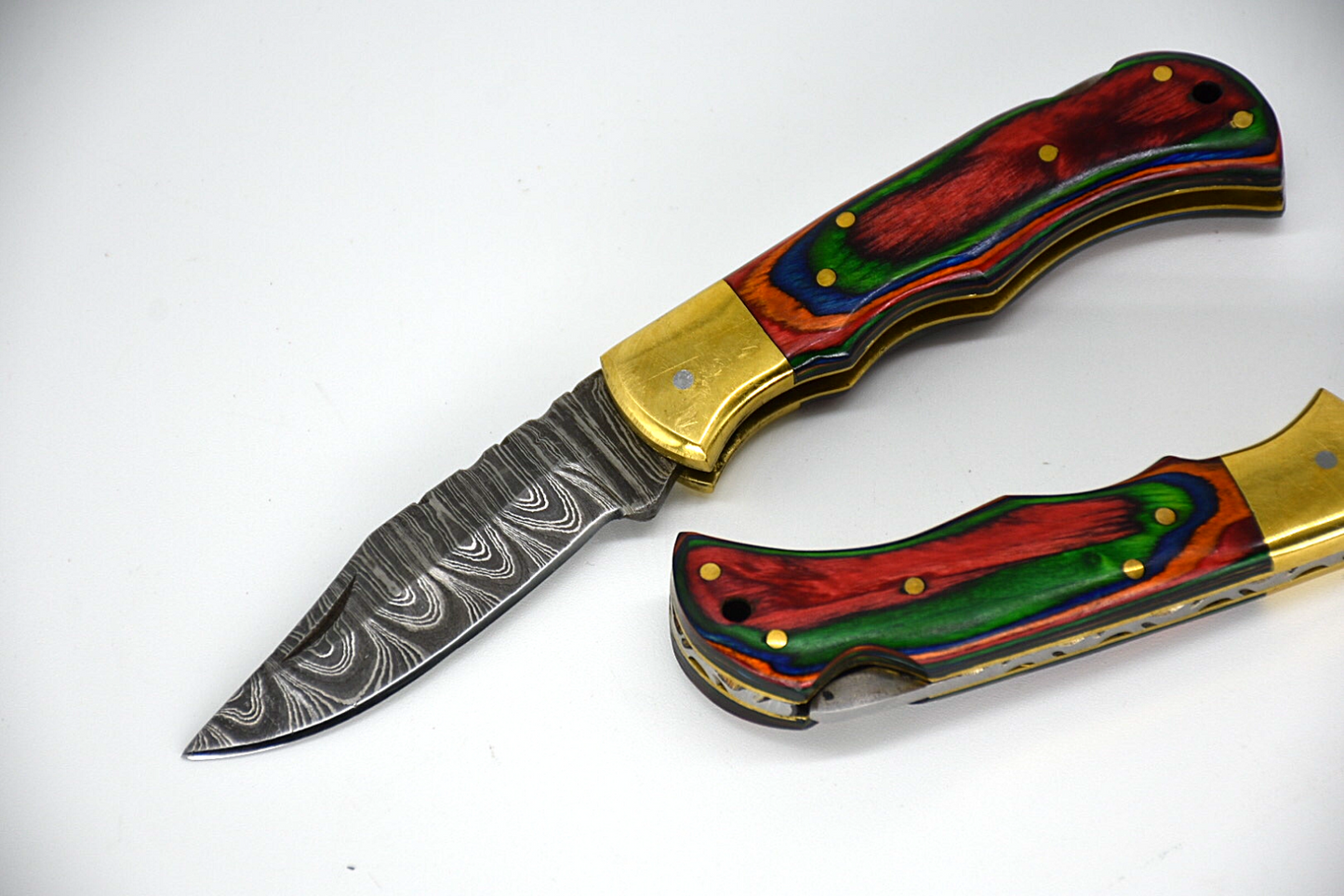 Custom Handmade Damascus Steel Folding Knife - Coloured Wood Handle with Sheath