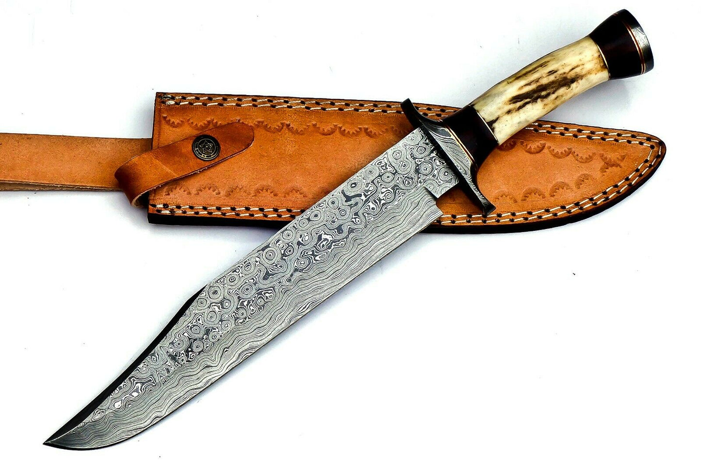 Handmade Damascus Steel 15 Inches Bowie Knife – Elk Deer Horn Handle,With Sheath