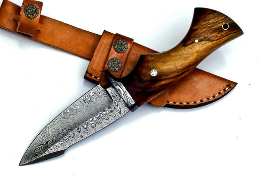 Custom Handmade Damascus Steel EDC Knife, Rosewood Handle, with Leather Sheath 26cm