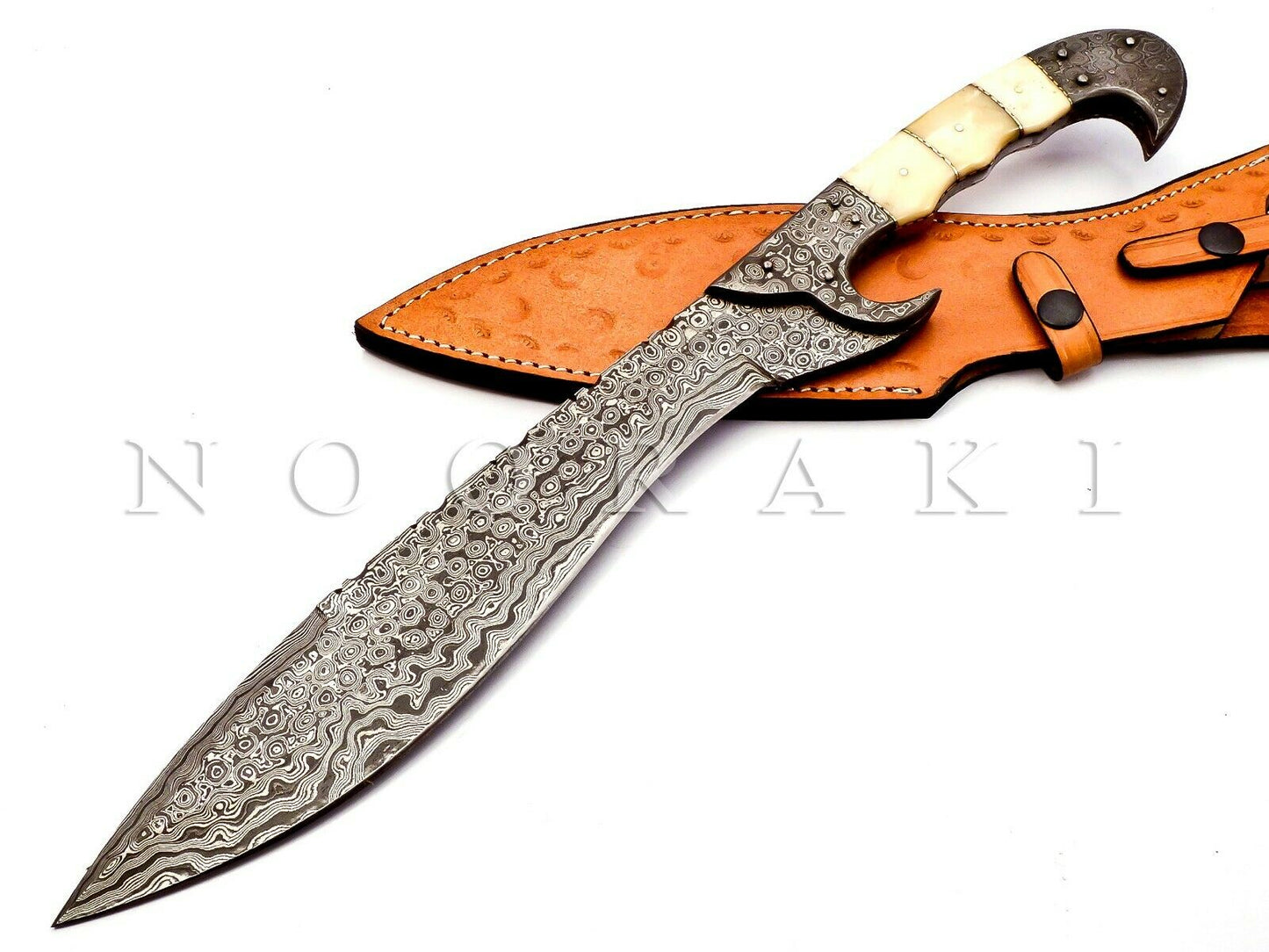 Handmade Damascus Steel Machete/Kukri Knife Full Tang Camel Bone Handle 18 inch