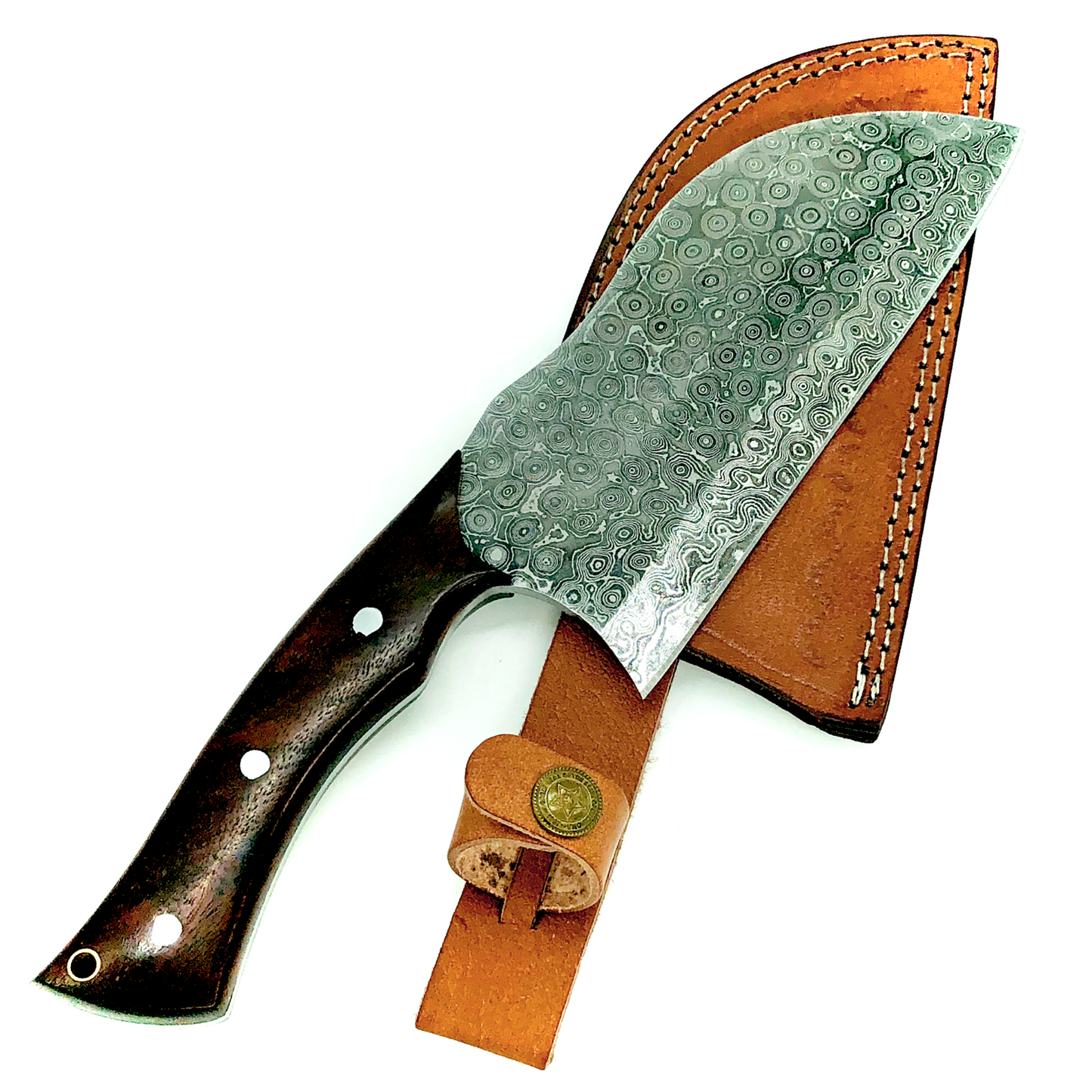 Damascus Multi-layers Chef Cleaver Kitchen Knife With Leather Sheath Full Tang