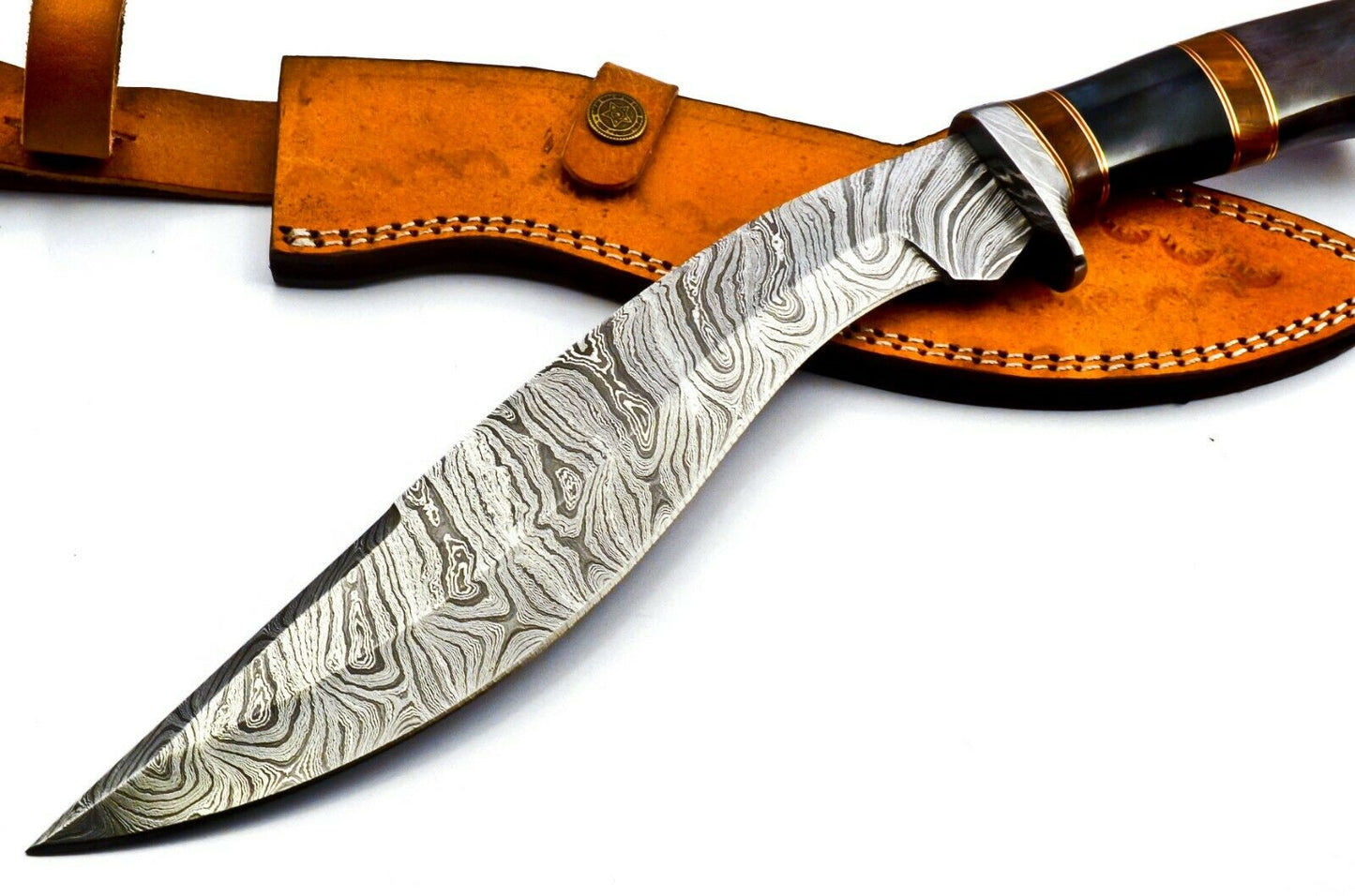 Handmade Damascus Heavy Duty KUKRI Knife Sharp Blade, With Leather Sheath 38cm