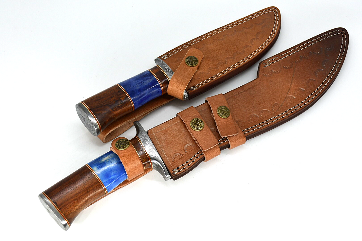 Handmade Damascus Hunting pair of Knives With Leather Sheath Wood & Bone Handle