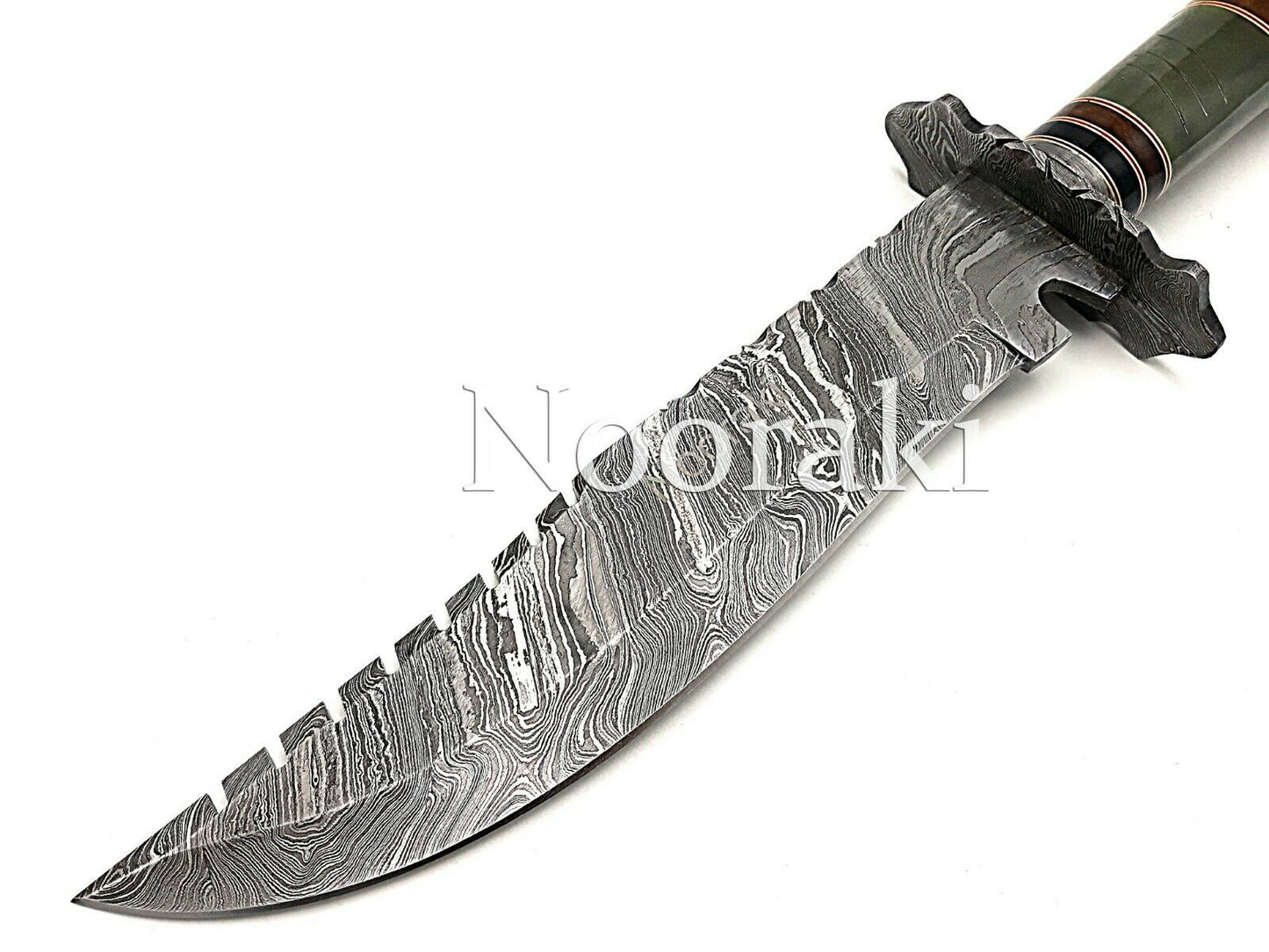 Handmade Damascus Steel 15.5 Inches Bowie Knife - Rose Wood & Bull Horn Handle