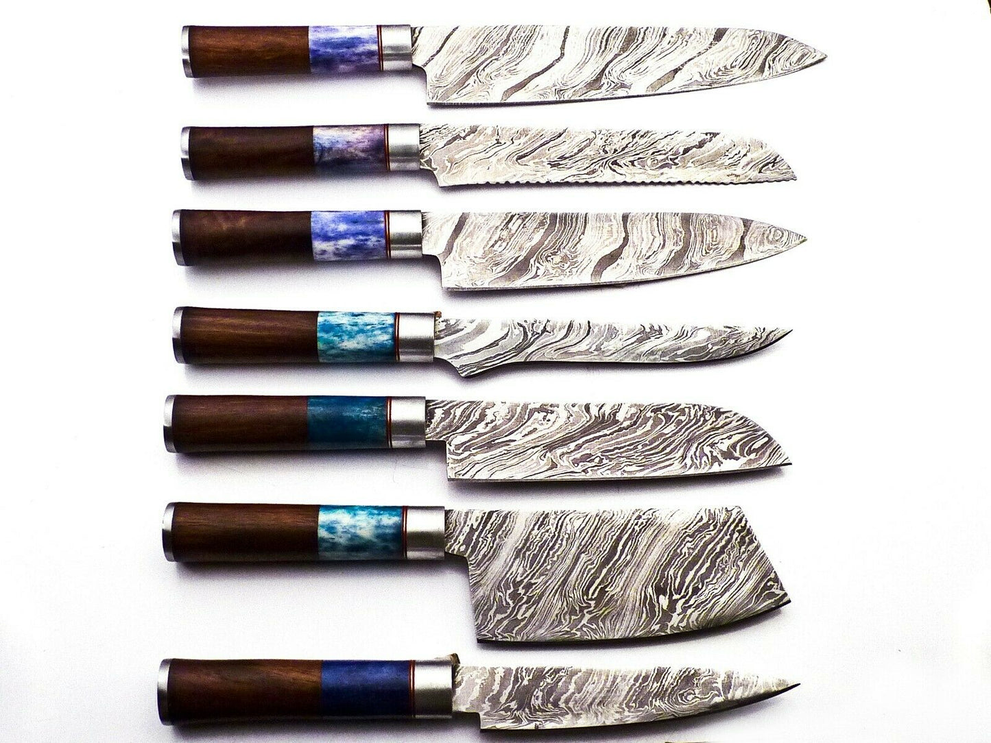 Damascus Steel Kitchen Knife 7pc Set With leather BAG, Razor sharp, DKS7H