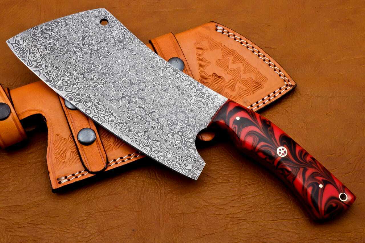 Hand Forged Damascus Steel Chef Cleaver/Chopper 256 Layers With Leather Sheath