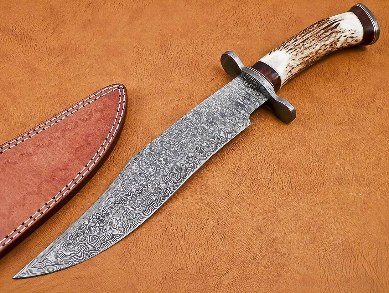 Handmade Damascus Steel 15 Inches Bowie Knife Horn Handle Damascus Guard /Sheath