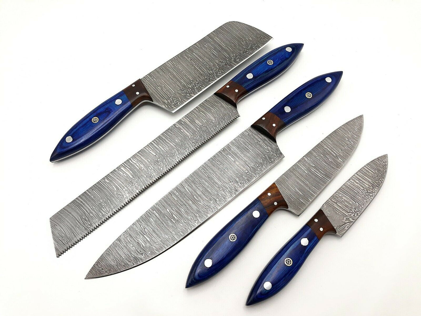 Handmade Damascus Knife Set 5piece Full Tang Rosewood Bolster & Wood Razor Sharp