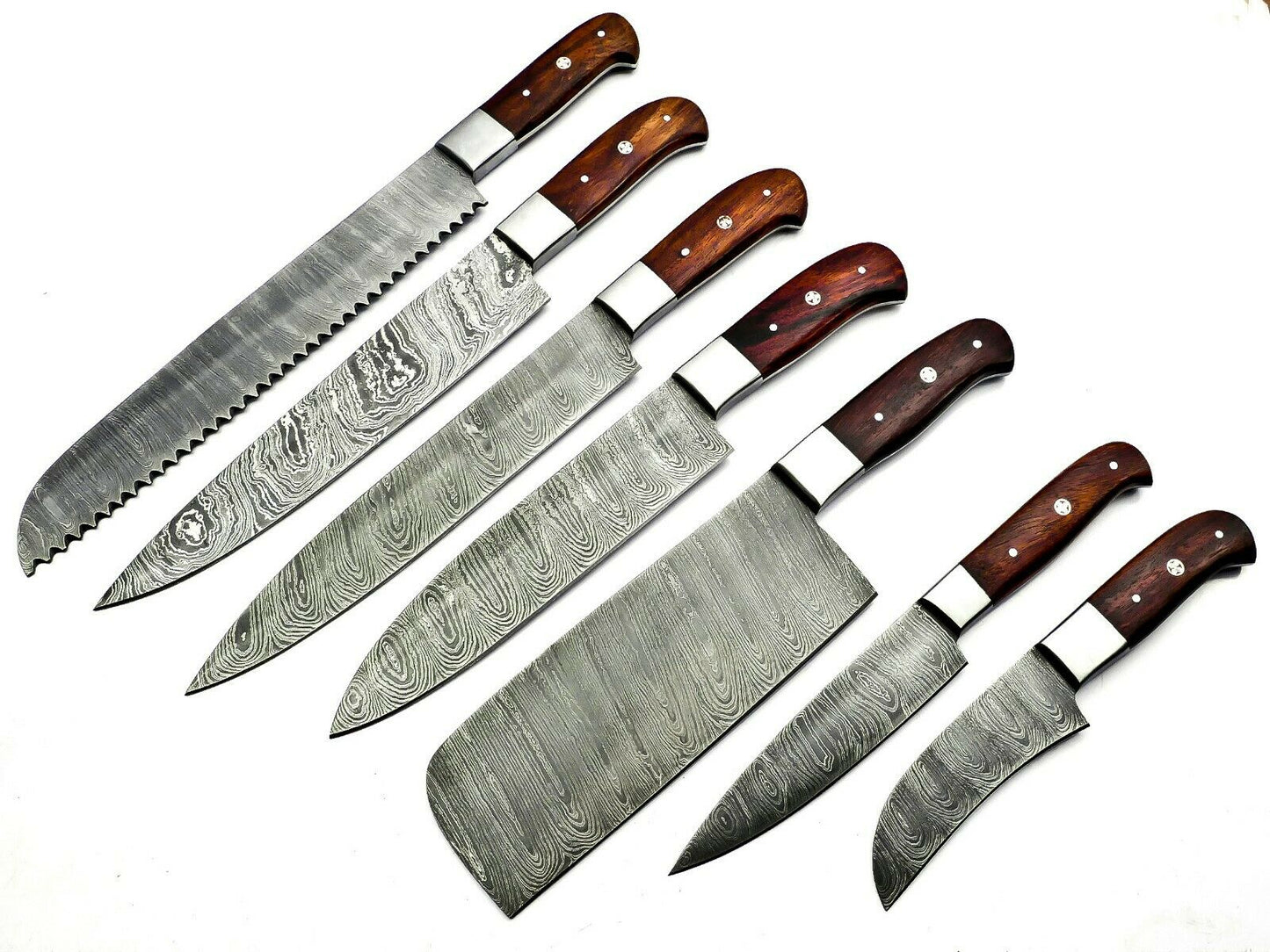 Handmade Damascus Steel Kitchen Knife Set 7 pcs Full Tang With Leather Bag