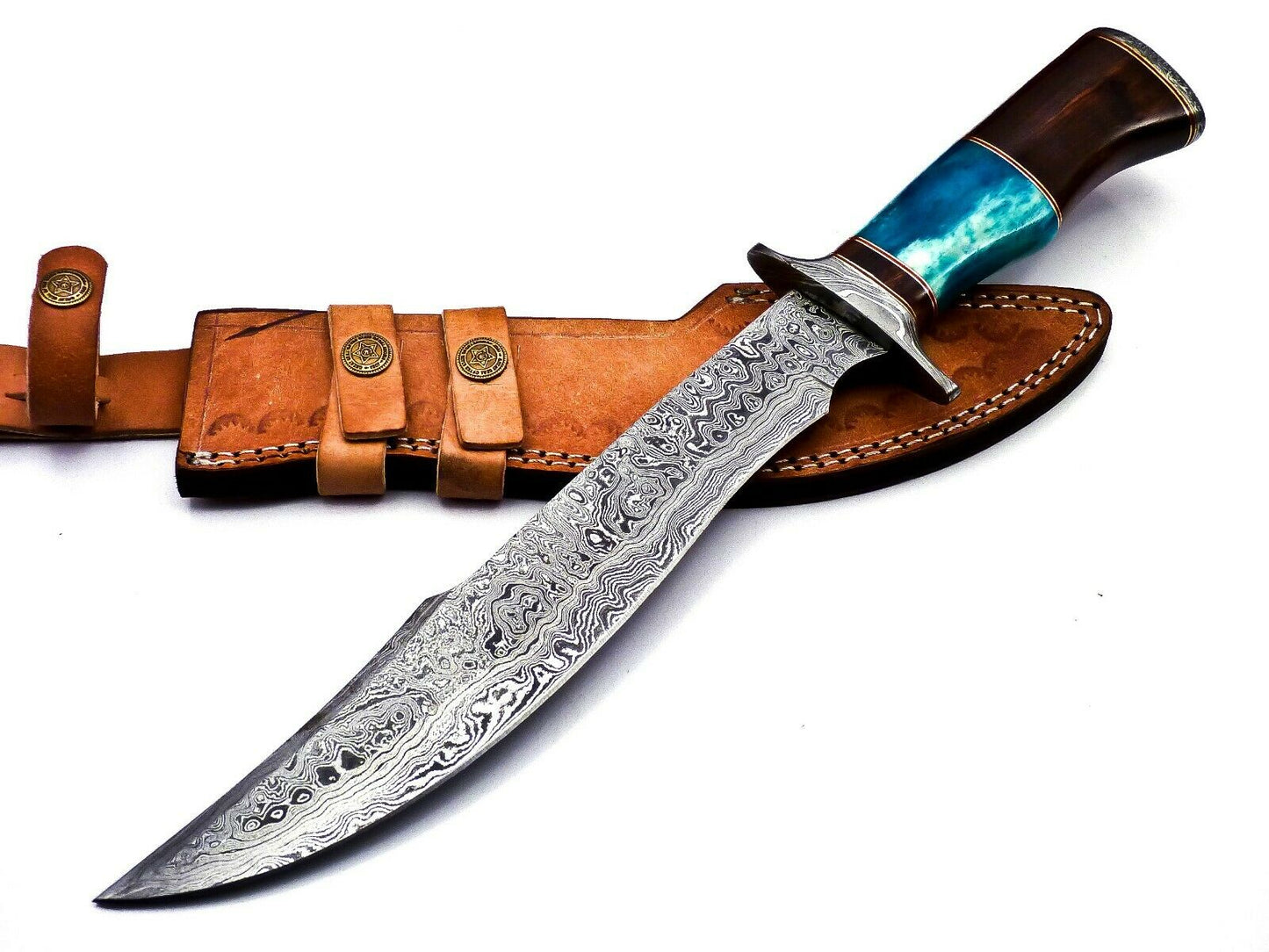 Handmade Damascus Hunting pair of Knives With Leather Sheath Wood & Bone Handle