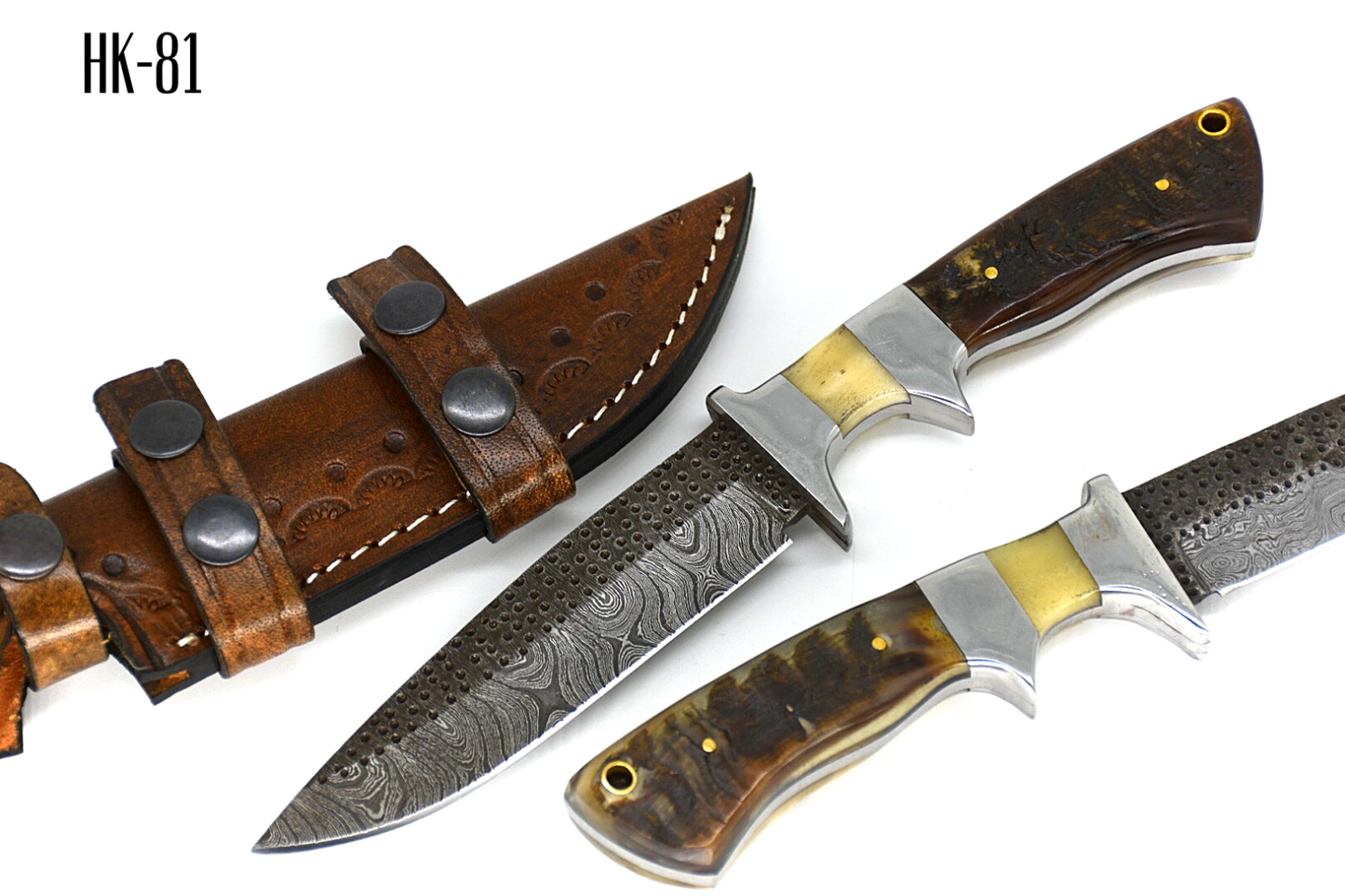 Damascus Hunting Knife Ram Horn Handle With Leather Sheath Full Tang Fire Patern