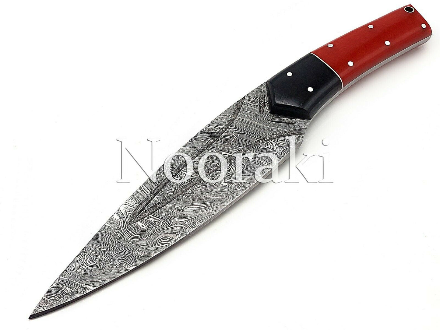 Handmade Damascus Bowie Knife Sharp Blade Resin Red Handle With Leather Sheath