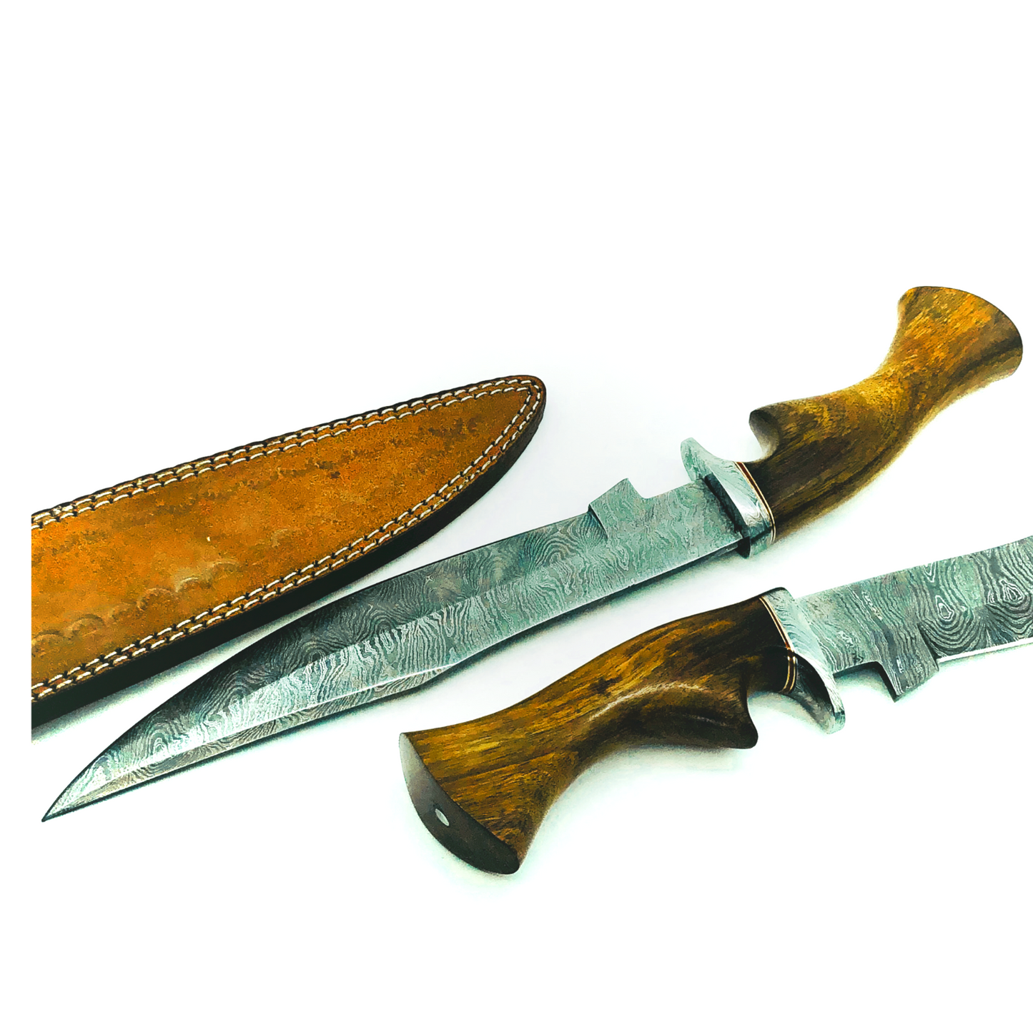 "Exquisite 15-Inch Handmade Damascus Steel Bowie Knife with Rosewood Handle and Leather Sheath"