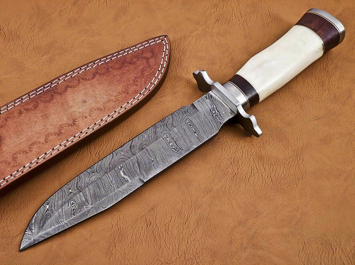 Handmade Damascus Steel 13 inches Bowie Knife – Camel Bone & Buffalo Horn Handle