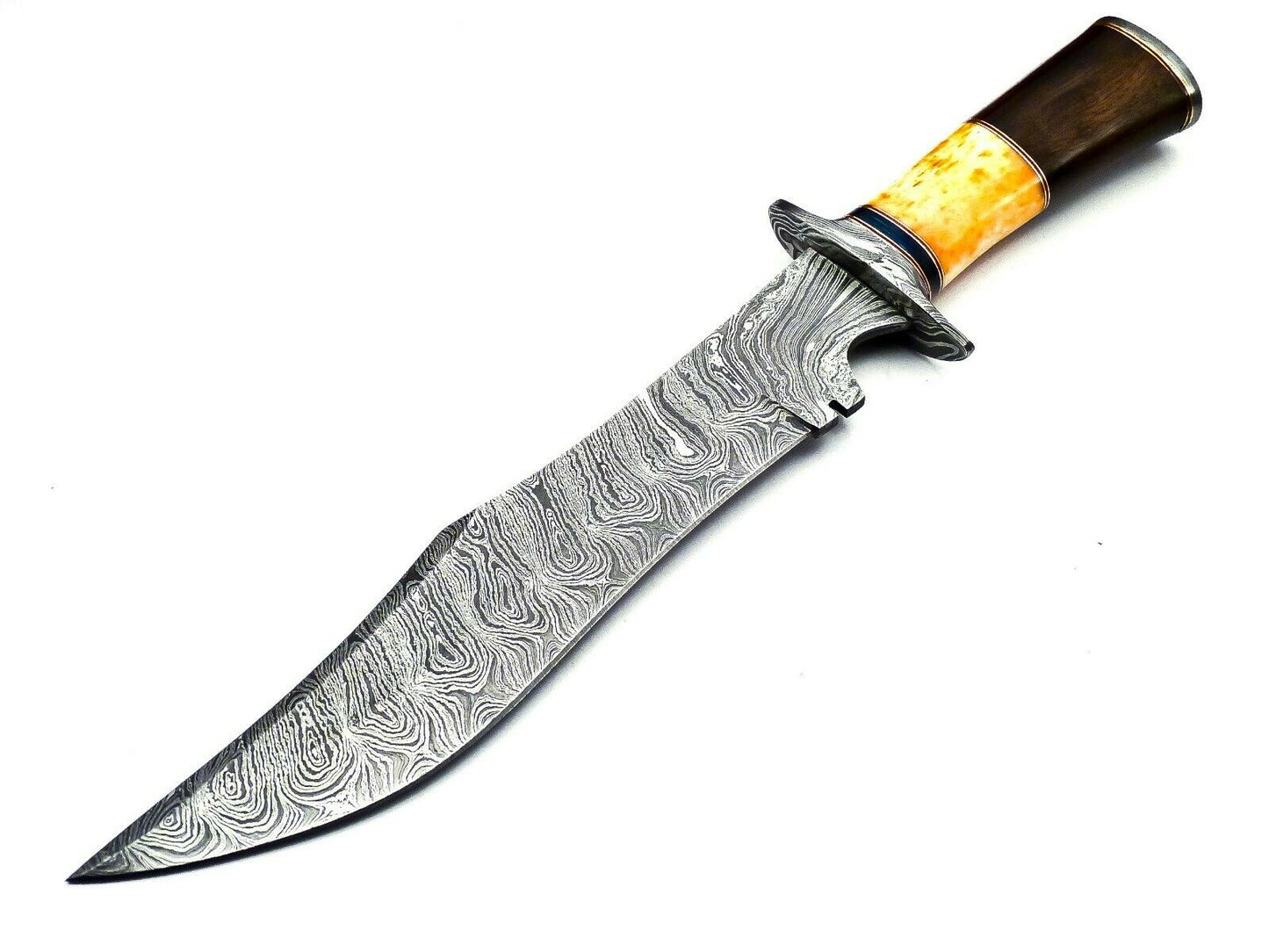 Handmade Damascus Bowie Knife - Wood & Bull Horn Handle, 38cm, 256 Layers - With Leather Sheath for Hunting, Camping, Collection, and Gifts