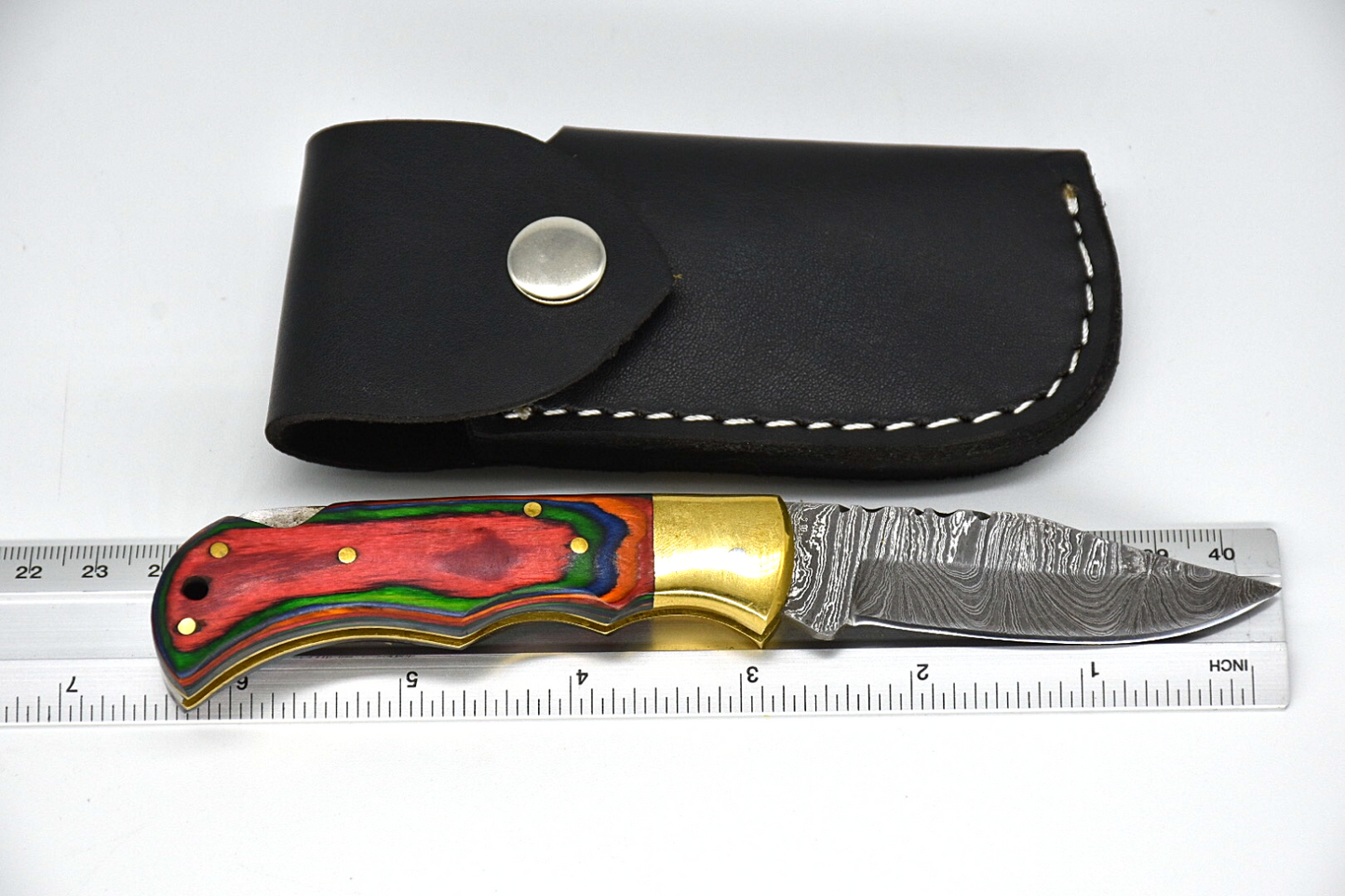 Custom Handmade Damascus Steel Folding Knife - Coloured Wood Handle with Sheath